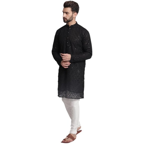 Black Floral Embroidered Chikankari Kurta Pyjama Set For Men - Picture 4 of 7